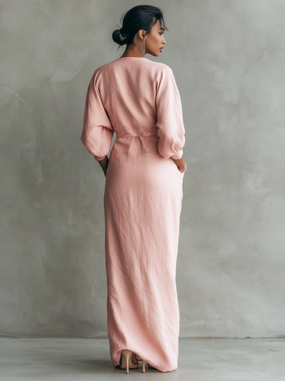 Vestido maxi mujer lino escote V elegante