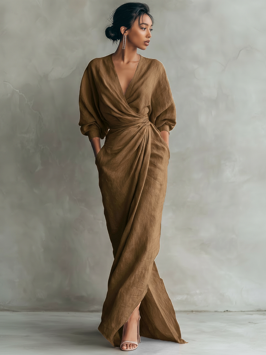 Minimalistisches langes Damenkleid in Rosa mit V-Ausschnitt aus Leinenmischung