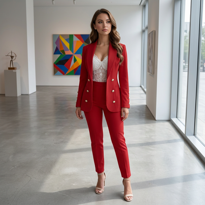 Ilona - Garnitur Damski Komplet – Elegancki Kardigan z Klapami i Dziewięciocalowe Spodnie