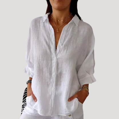 Georgia | Women Linen Shirt Oversized Collared Neck Button Front Long Sleeve