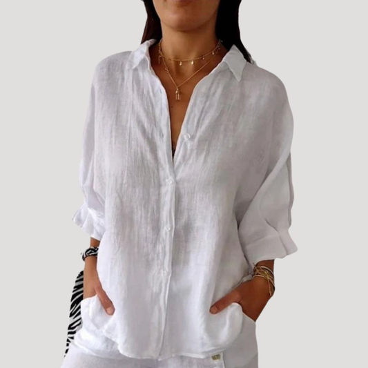 Georgia | Women Linen Shirt Oversized Collared Neck Button Front Long Sleeve