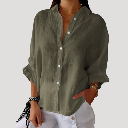 Georgia | Women Linen Shirt Oversized Collared Neck Button Front Long Sleeve