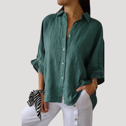 Georgia | Women Linen Shirt Oversized Collared Neck Button Front Long Sleeve
