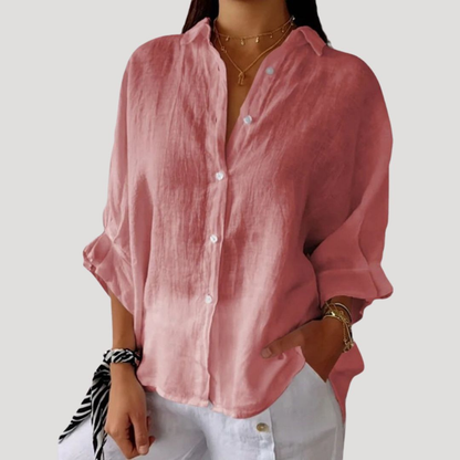 Georgia | Women Linen Shirt Oversized Collared Neck Button Front Long Sleeve
