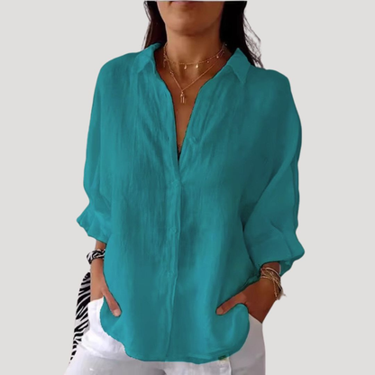 Georgia | Women Linen Shirt Oversized Collared Neck Button Front Long Sleeve