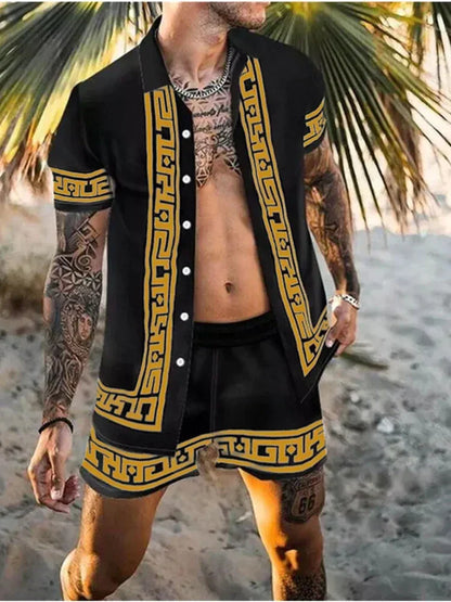 Men’s Summer Two Piece Set Printed Shirt and Shorts Lightweight Breathable Holiday Outfit