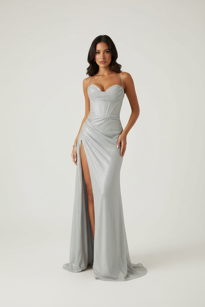 Nachtschone - Elegante Vrouwen Glitter Avondjurk met Split