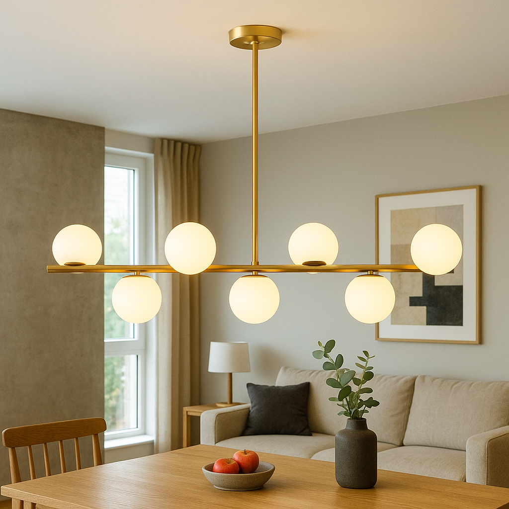 Gold Linear Pendant Light with Globe Shades