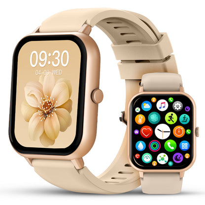 Montre connectée en or rose avec écran tactile affichant une fleur et des icônes d'applications. Bracelet beige élégant. Technologie portable moderne.