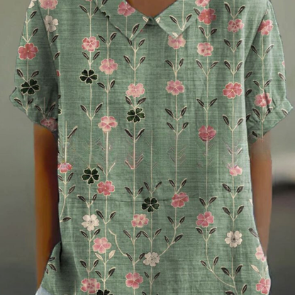 Grace | Women Spring Floral Blouse Collared Neck Short Sleeve All-Over Print