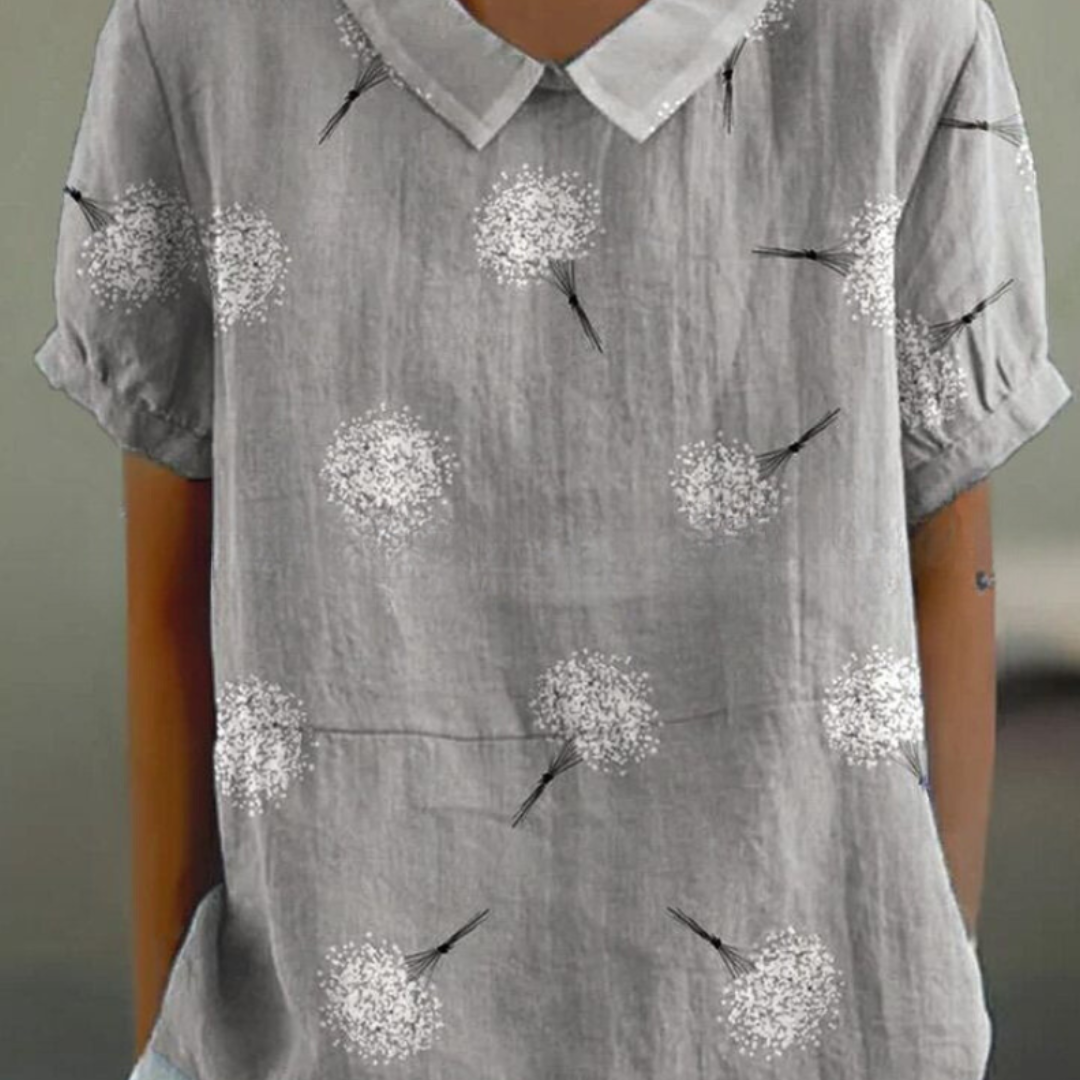 Grace | Women Spring Floral Blouse Collared Neck Short Sleeve All-Over Print