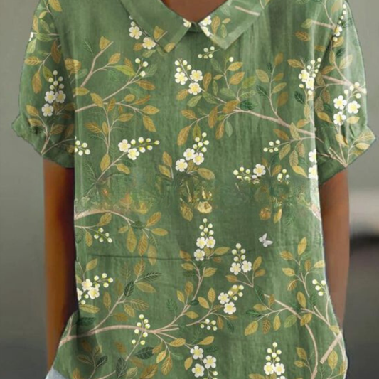 Grace | Women Spring Floral Blouse Collared Neck Short Sleeve All-Over Print