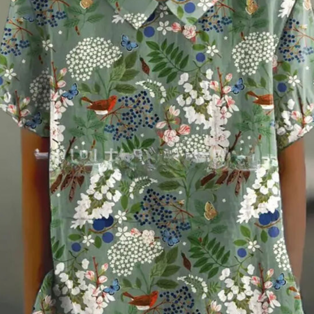 Grace | Women Spring Floral Blouse Collared Neck Short Sleeve All-Over Print