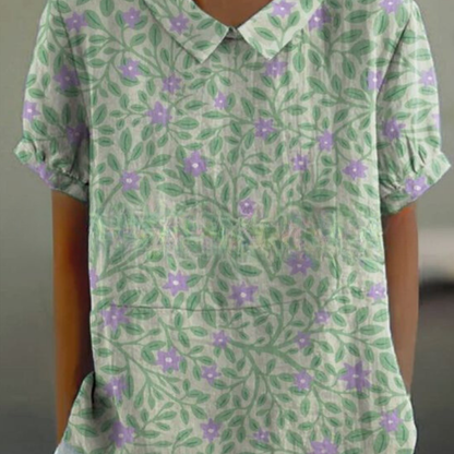Grace | Women Spring Floral Blouse Collared Neck Short Sleeve All-Over Print