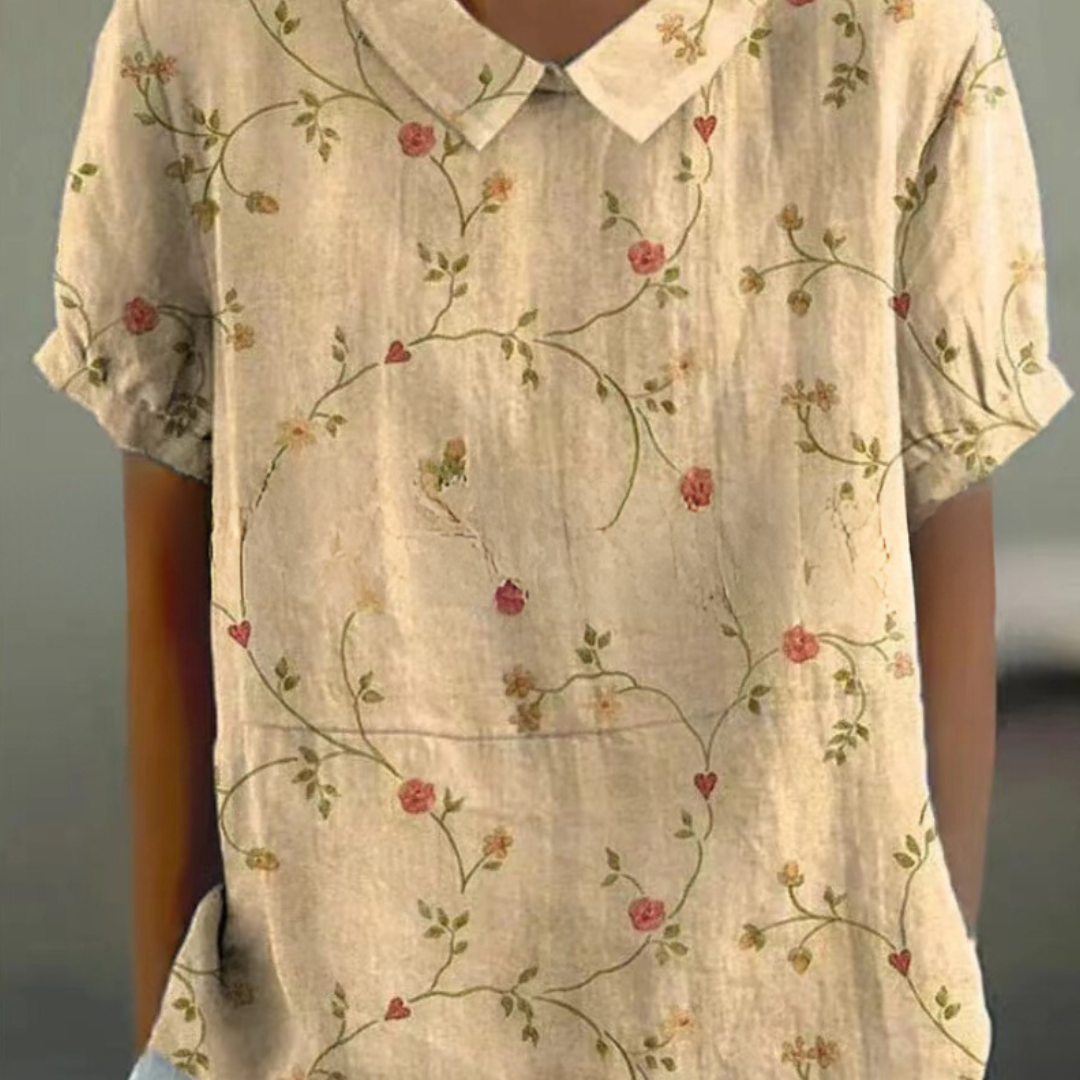Grace | Women Spring Floral Blouse Collared Neck Short Sleeve All-Over Print