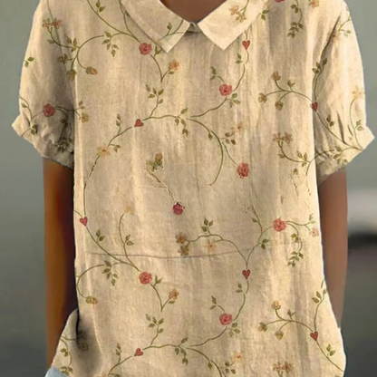 Grace | Women Spring Floral Blouse Collared Neck Short Sleeve All-Over Print