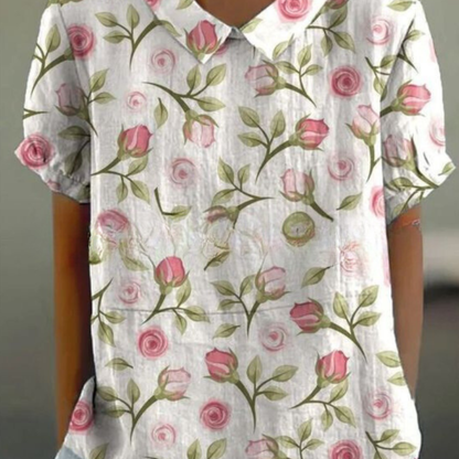 Grace | Women Spring Floral Blouse Collared Neck Short Sleeve All-Over Print