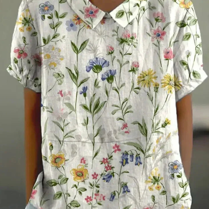 Grace | Women Spring Floral Blouse Collared Neck Short Sleeve All-Over Print