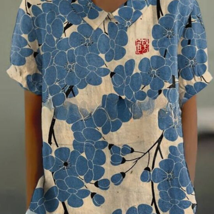Grace | Women Spring Floral Blouse Collared Neck Short Sleeve All-Over Print