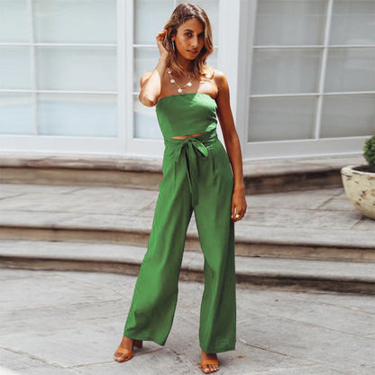 Women's Strapless Tie Waist Wide Leg Jumpsuit