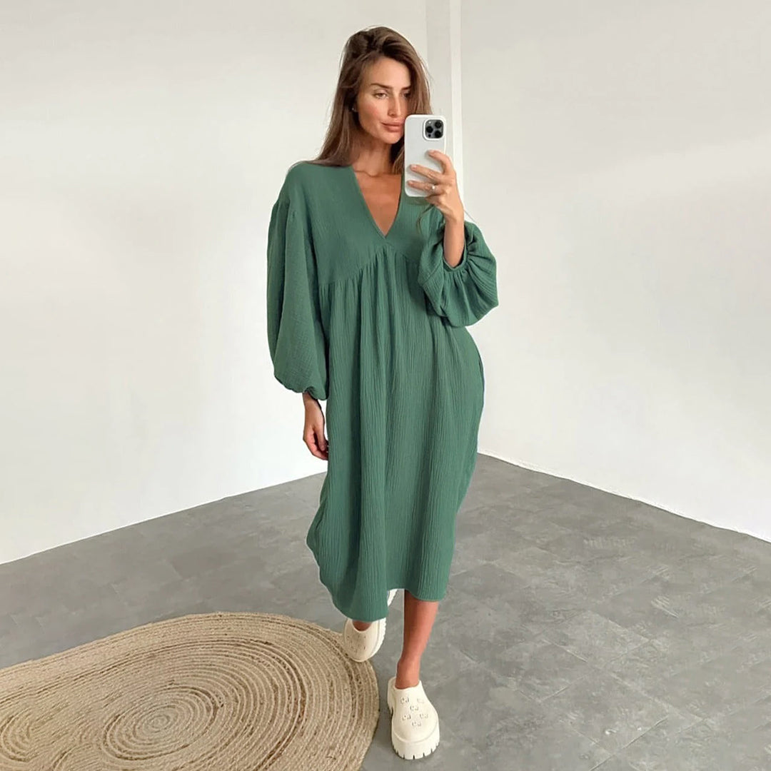 Robe Midi Décontractée pour Femme – Robe Ample à Col en V