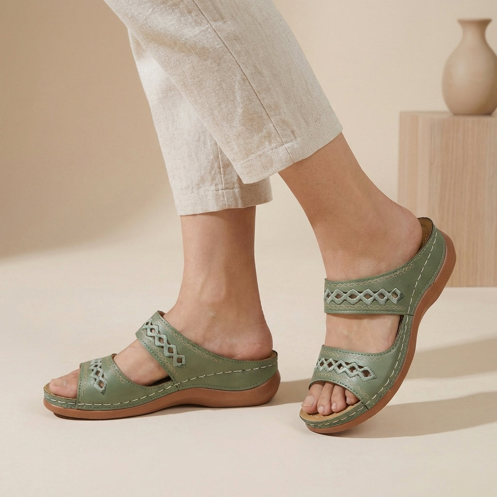 Laser-Cut Double Strap Comfort Orthopedic Slides - Timeless Ease for Sunny Days
