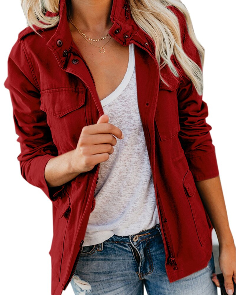 Veste femme utility mi-saison col montant coupe structurée usage quotidien