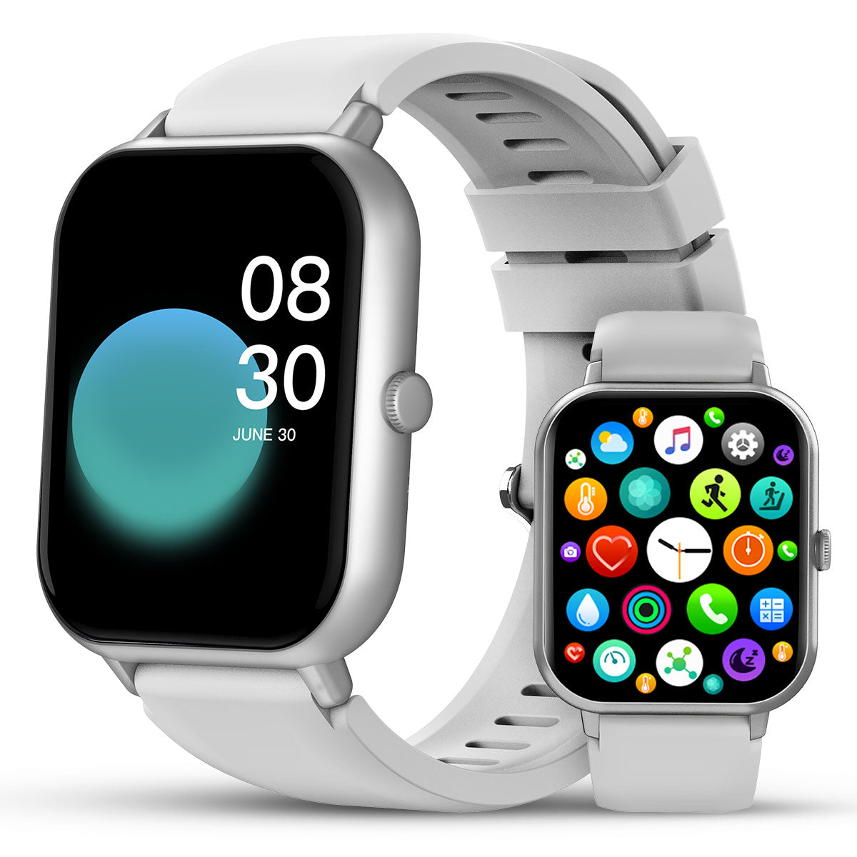 Montre connectée argentée avec bracelet blanc, affichant l'heure et des icônes d'applications colorées. Technologie portable moderne et élégante.