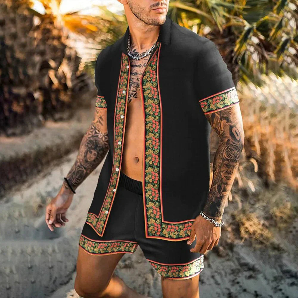 Men’s Summer Two Piece Set Printed Shirt and Shorts Lightweight Breathable Holiday Outfit