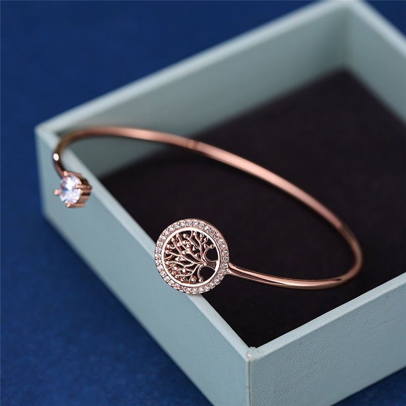 Tree of Life Bangle Bracelet with Crystal Accent