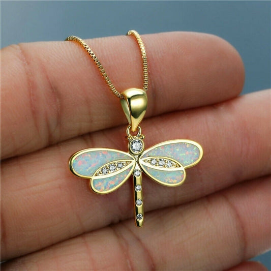 Gold Tone Dragonfly Necklace with Opal Style Wings Gift for Her