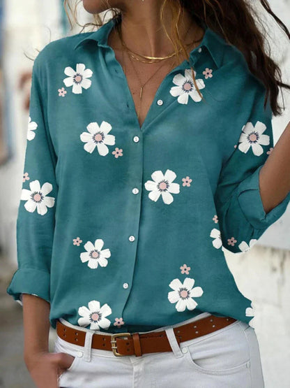Linen Floral Print Women's Button Down Blouse