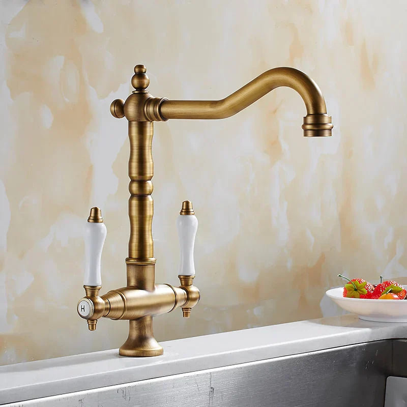 Elkstone Bronze Kitchen Faucet – Dual Handle Mixer with Hot & Cold Water Control