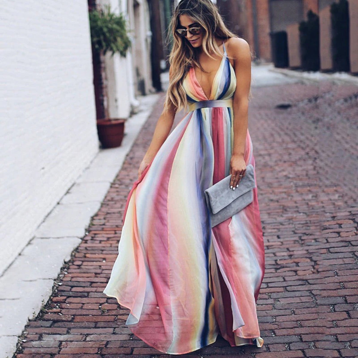 Yasmine | Abito A Righe Arcobaleno Con Scollo A V Per Donna | Maxi