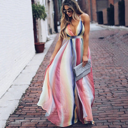 Yasmine | Abito A Righe Arcobaleno Con Scollo A V Per Donna | Maxi