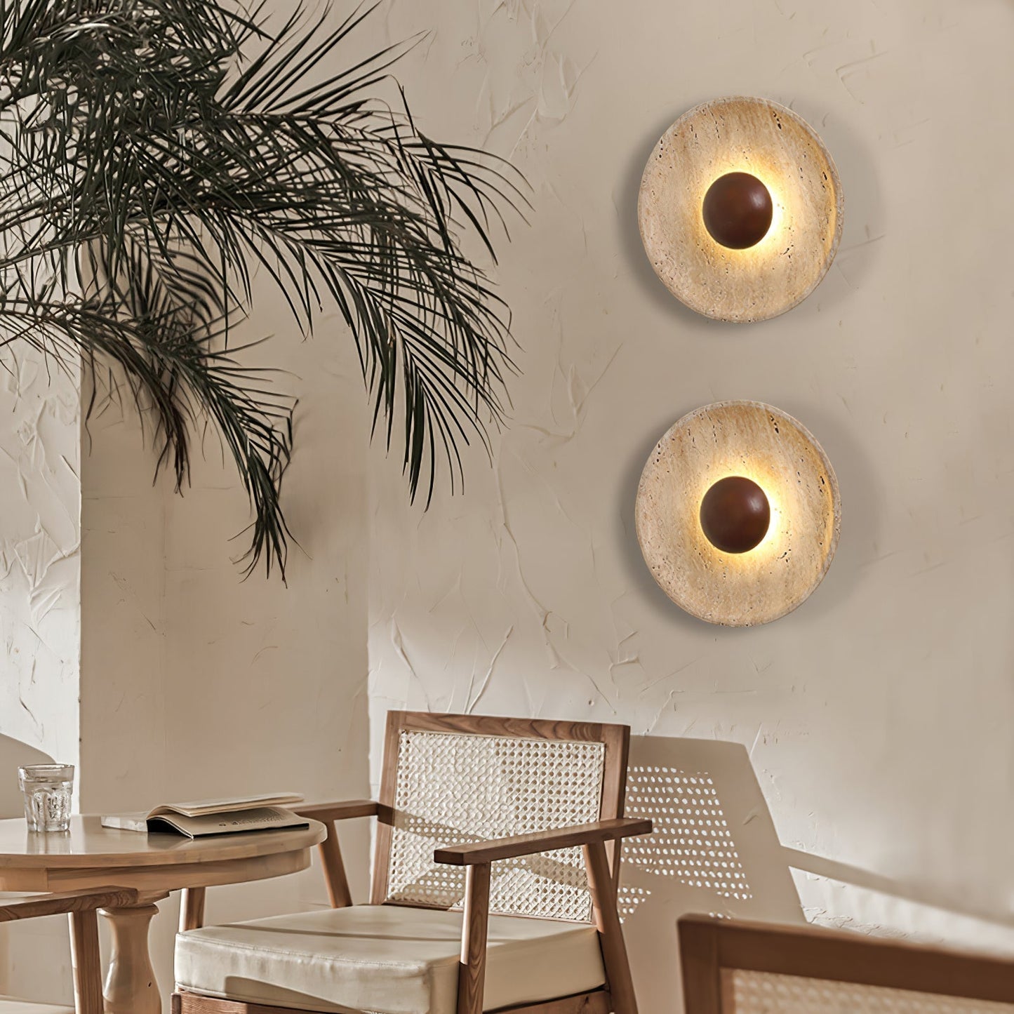 Wandlamp Travertin Hout Rond Warm Licht Woonkamer Slaapkamer Hal Natuursteen Design Wandverlichting Binnen | Restfield