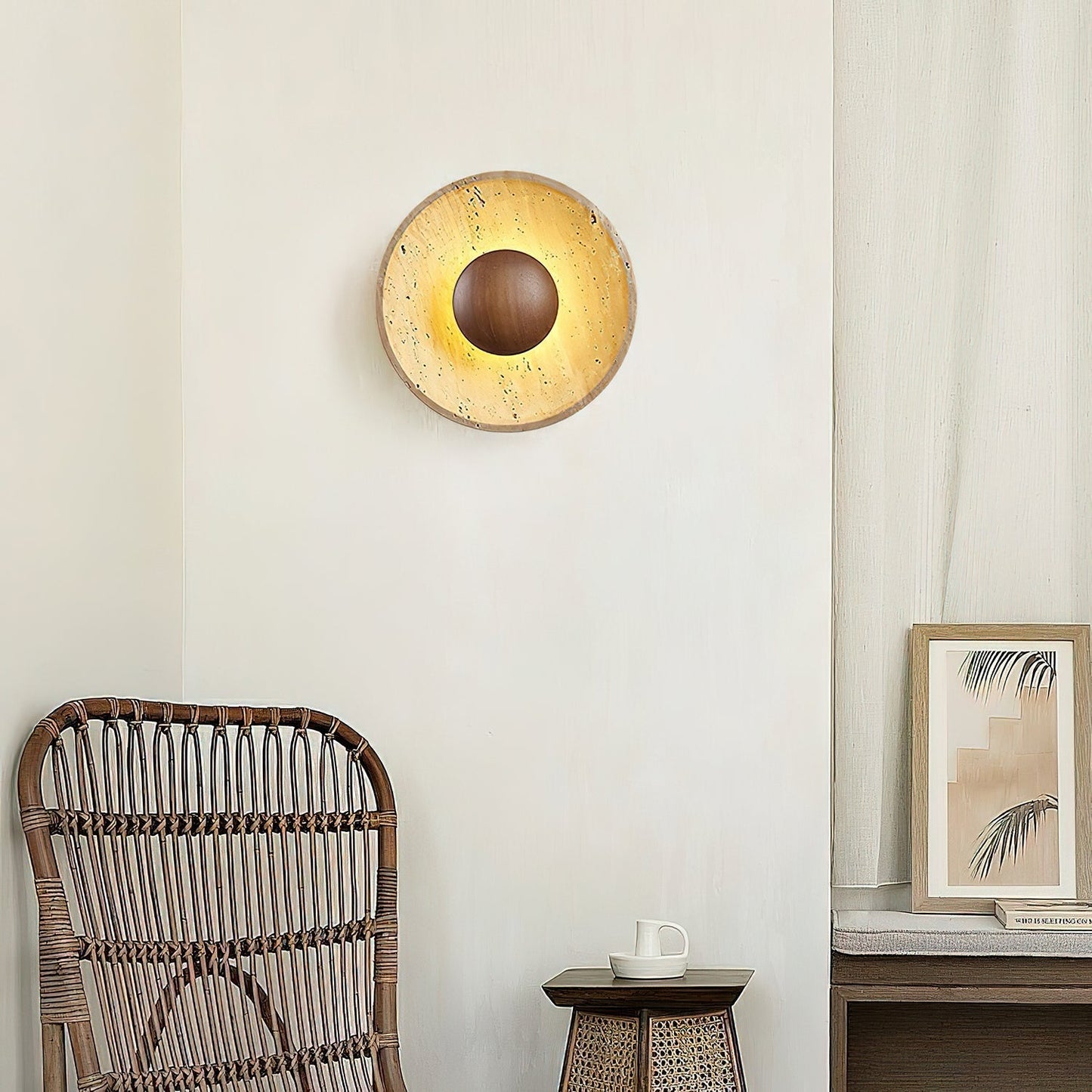 Wandlamp Travertin Hout Rond Warm Licht Woonkamer Slaapkamer Hal Natuursteen Design Wandverlichting Binnen | Restfield