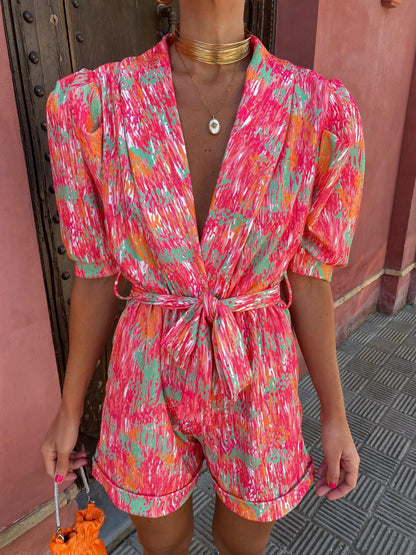 Harper | Women’s V-Neck Romper With Waist Tie And Short Sleeves