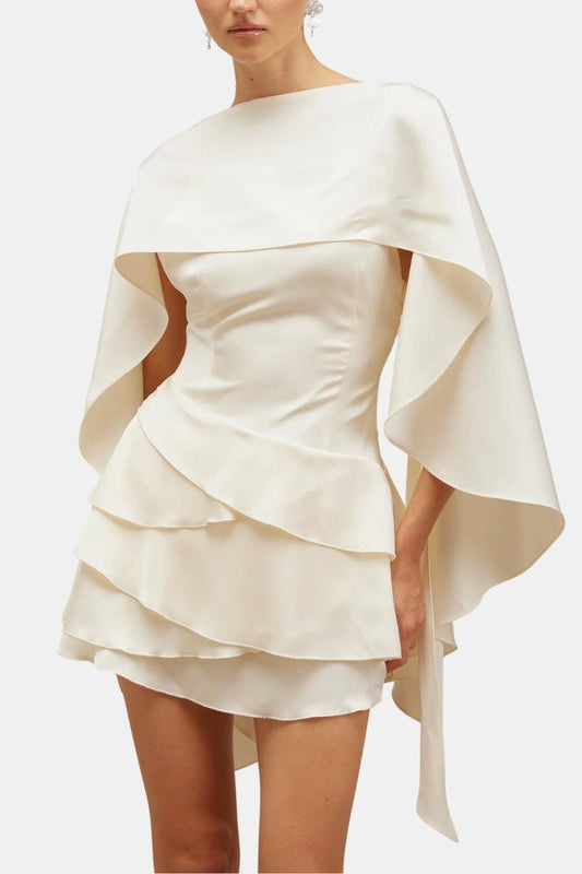 Hazel - Ruffle Shawl Satin Ruffled Mini Dress
