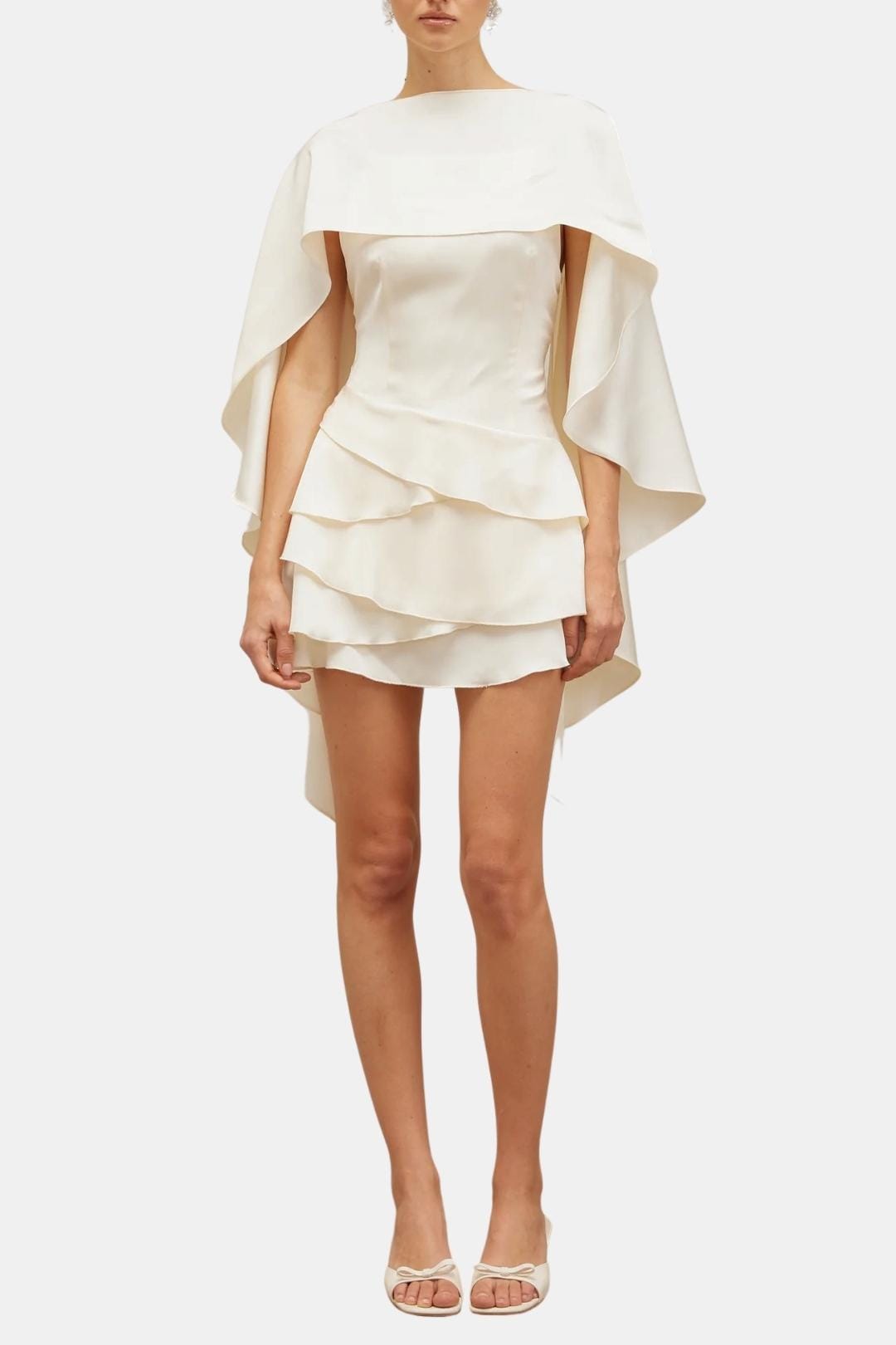 Hazel - Ruffle Shawl Satin Ruffled Mini Dress