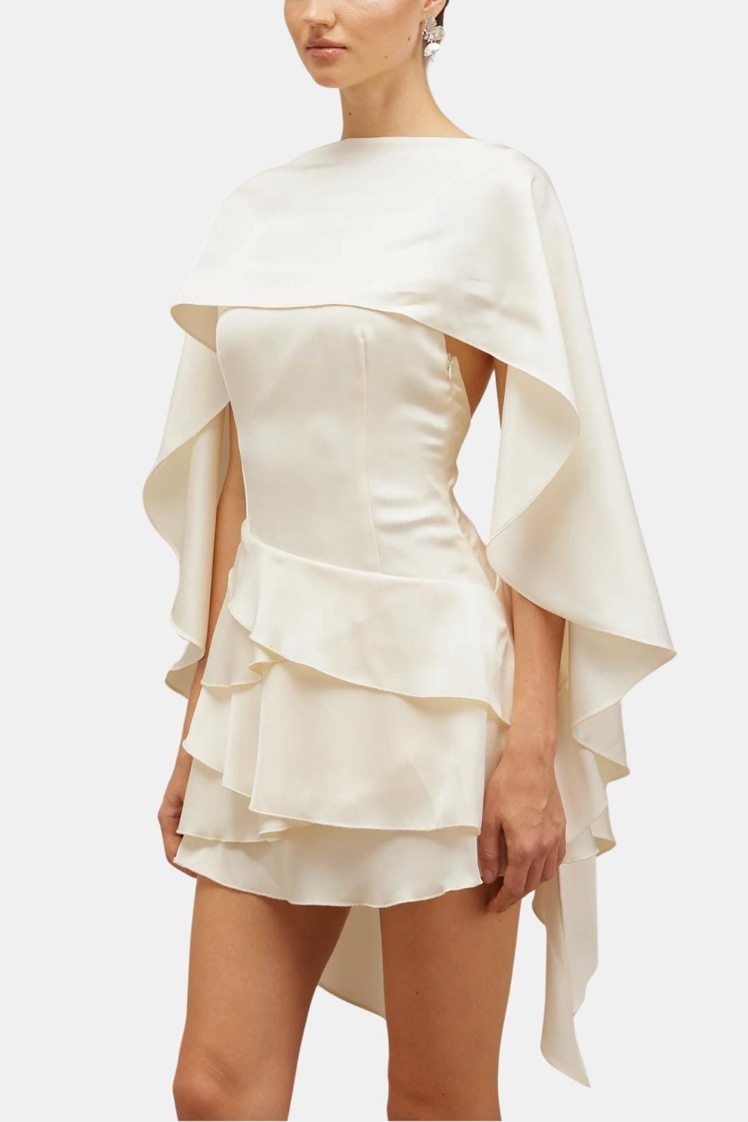 Hazel - Ruffle Shawl Satin Ruffled Mini Dress
