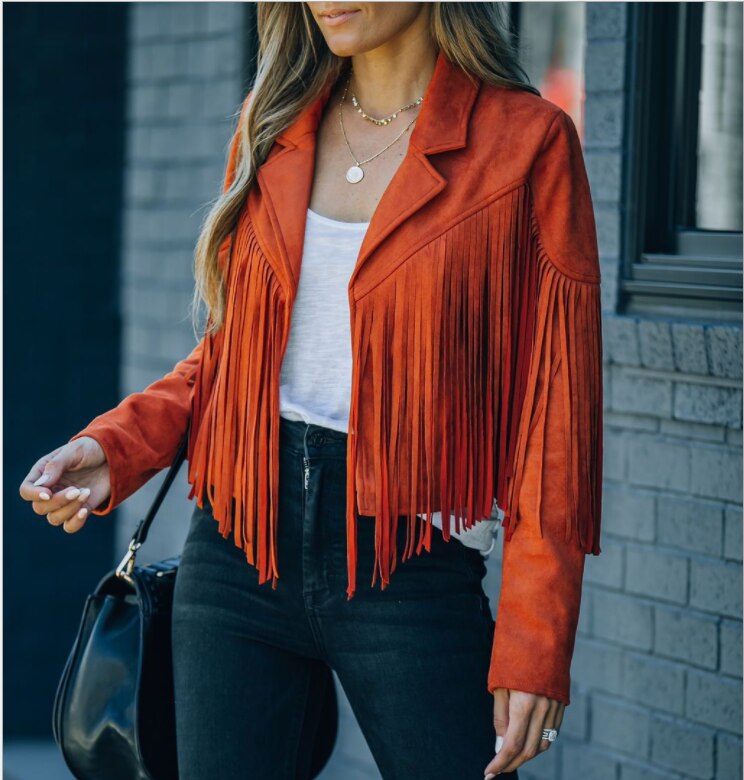 Capucine – Veste courte à franges avec col à revers femme