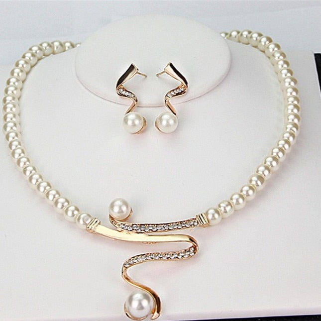 Pearl Necklace and Earring Set with Gold-Tone Curved Centerpiece