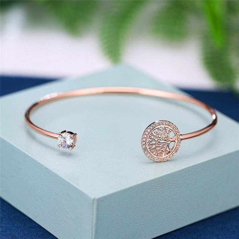 Tree of Life Bangle Bracelet with Crystal Accent