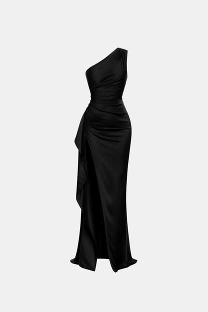 Helana – One Shoulder High Slit Satin Evening Dress