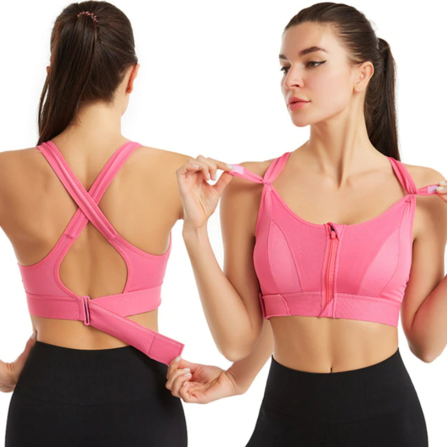 Women’s Sports Bra Cross Back Zip Front High Support Fit