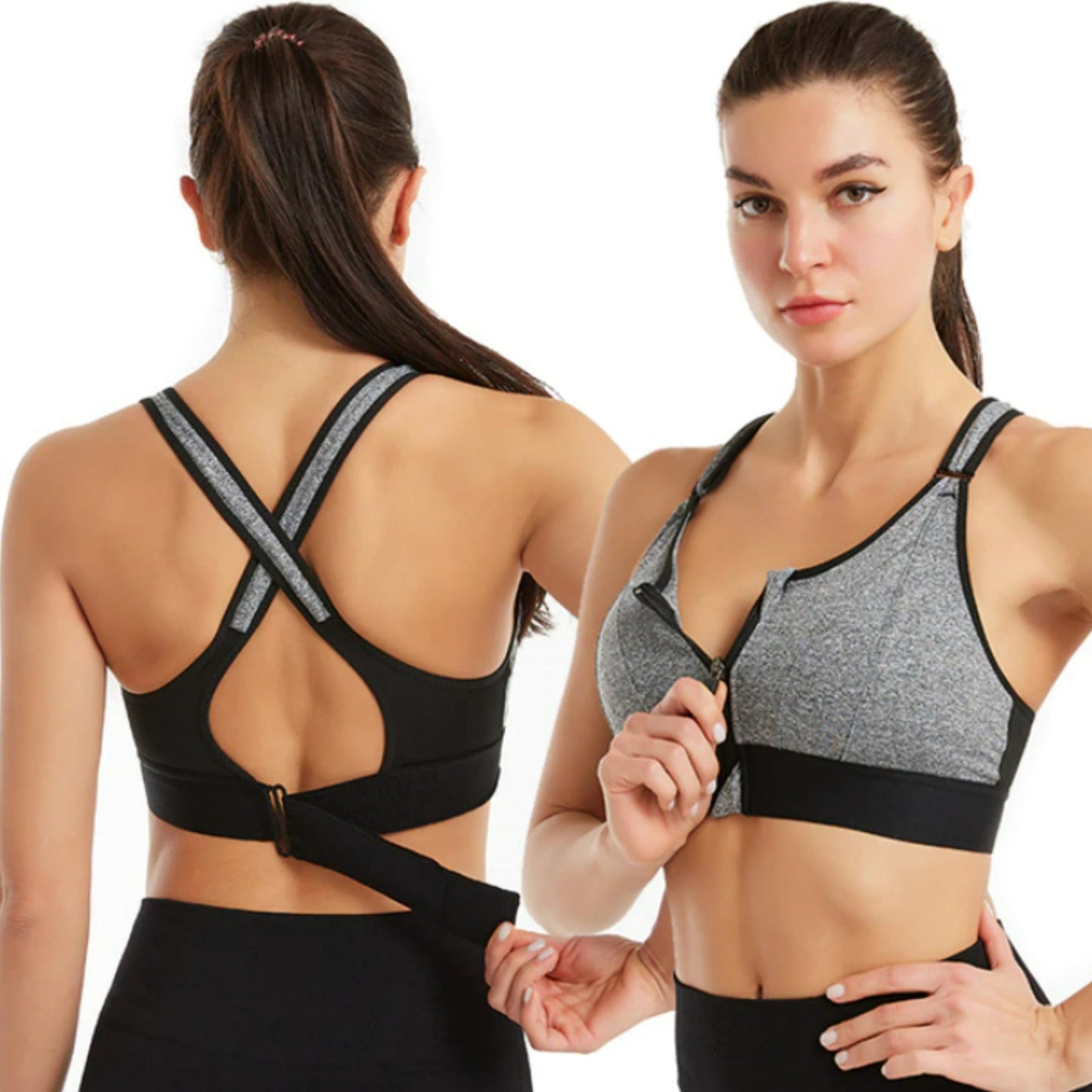 Women’s Sports Bra Cross Back Zip Front High Support Fit