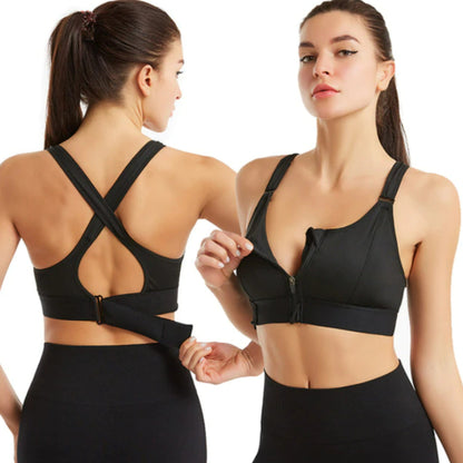 Women’s Sports Bra Cross Back Zip Front High Support Fit