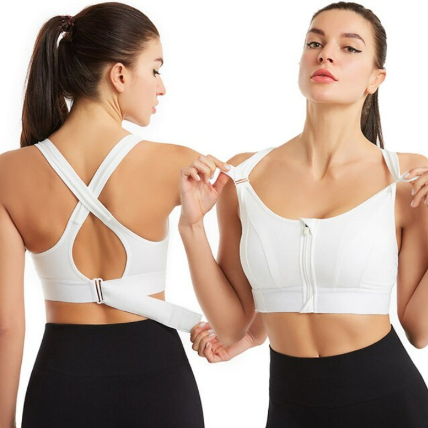 Women’s Sports Bra Cross Back Zip Front High Support Fit