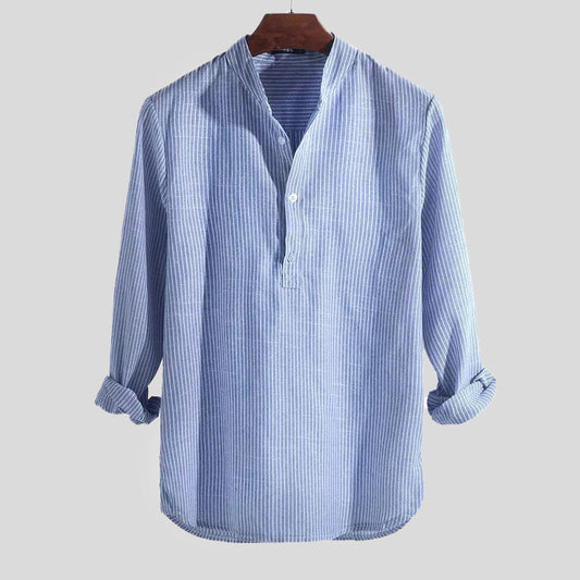 Light Casual Shirt with Striped Pattern and Stand-Up Collar
